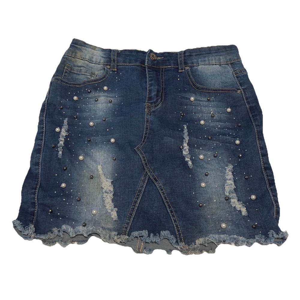 The Style Between Us‎ Jean Skirt Woman Distressed Raw Edge Med Rhinestone Pearl